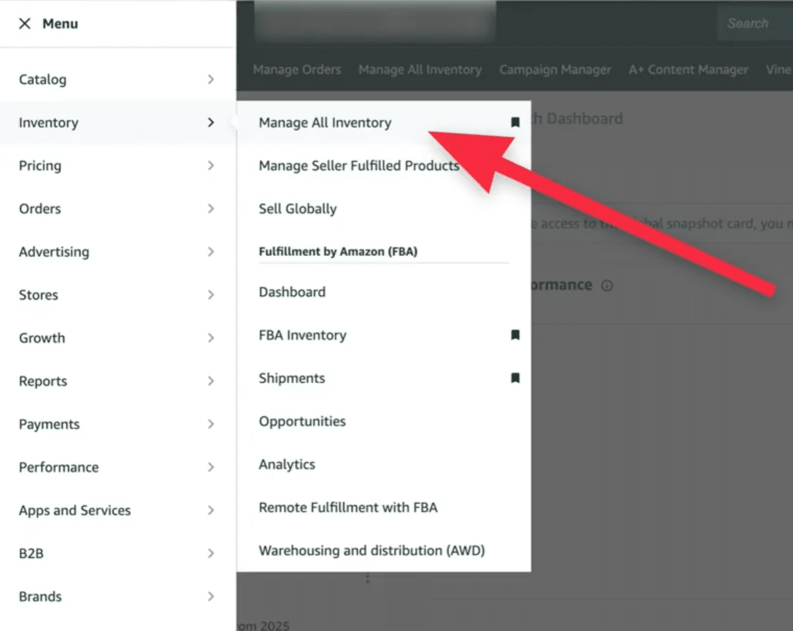 Manage All Inventory menu in Seller Central