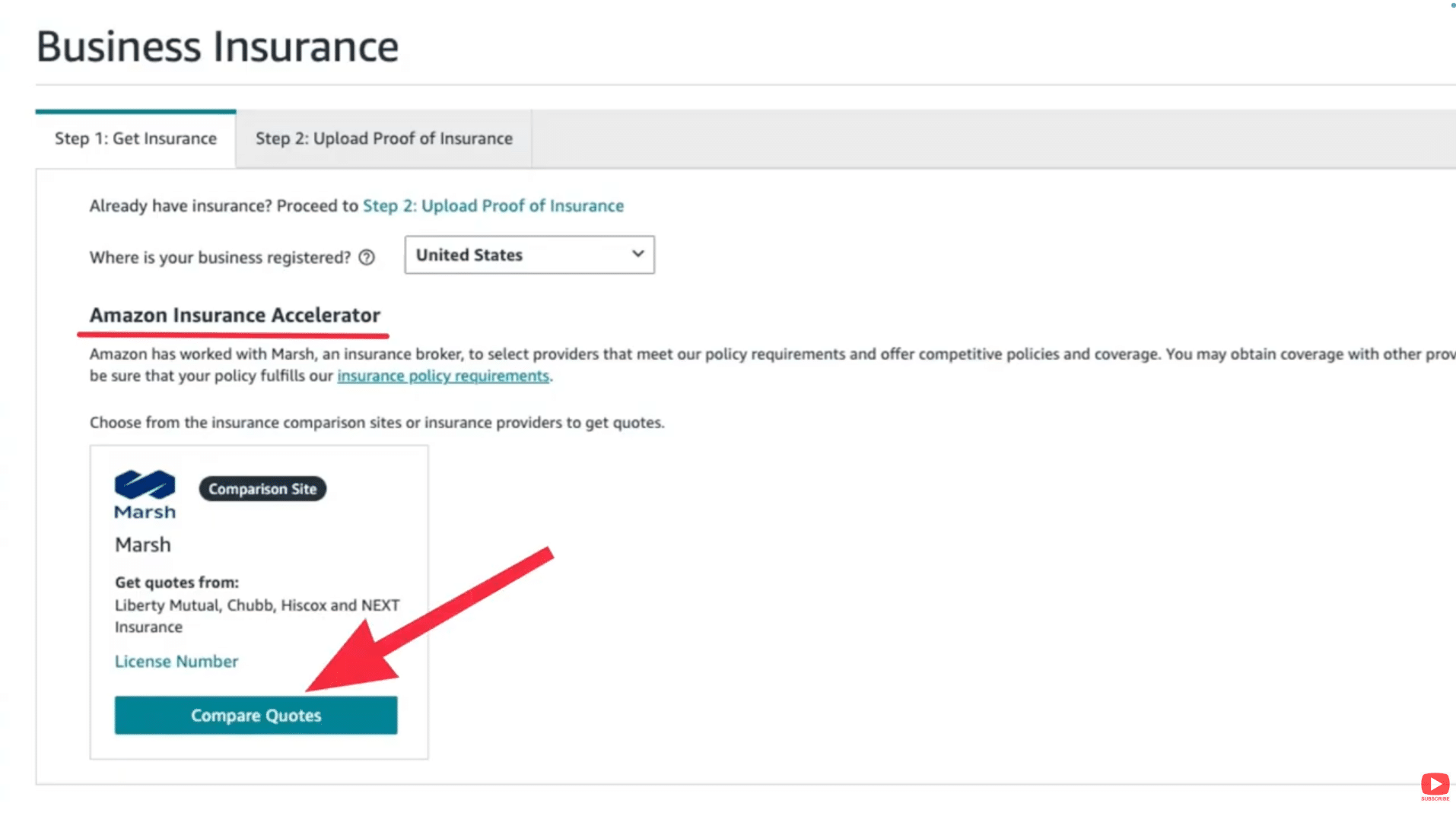 Amazon Insurance Accelerator page showing Marsh comparison quotes