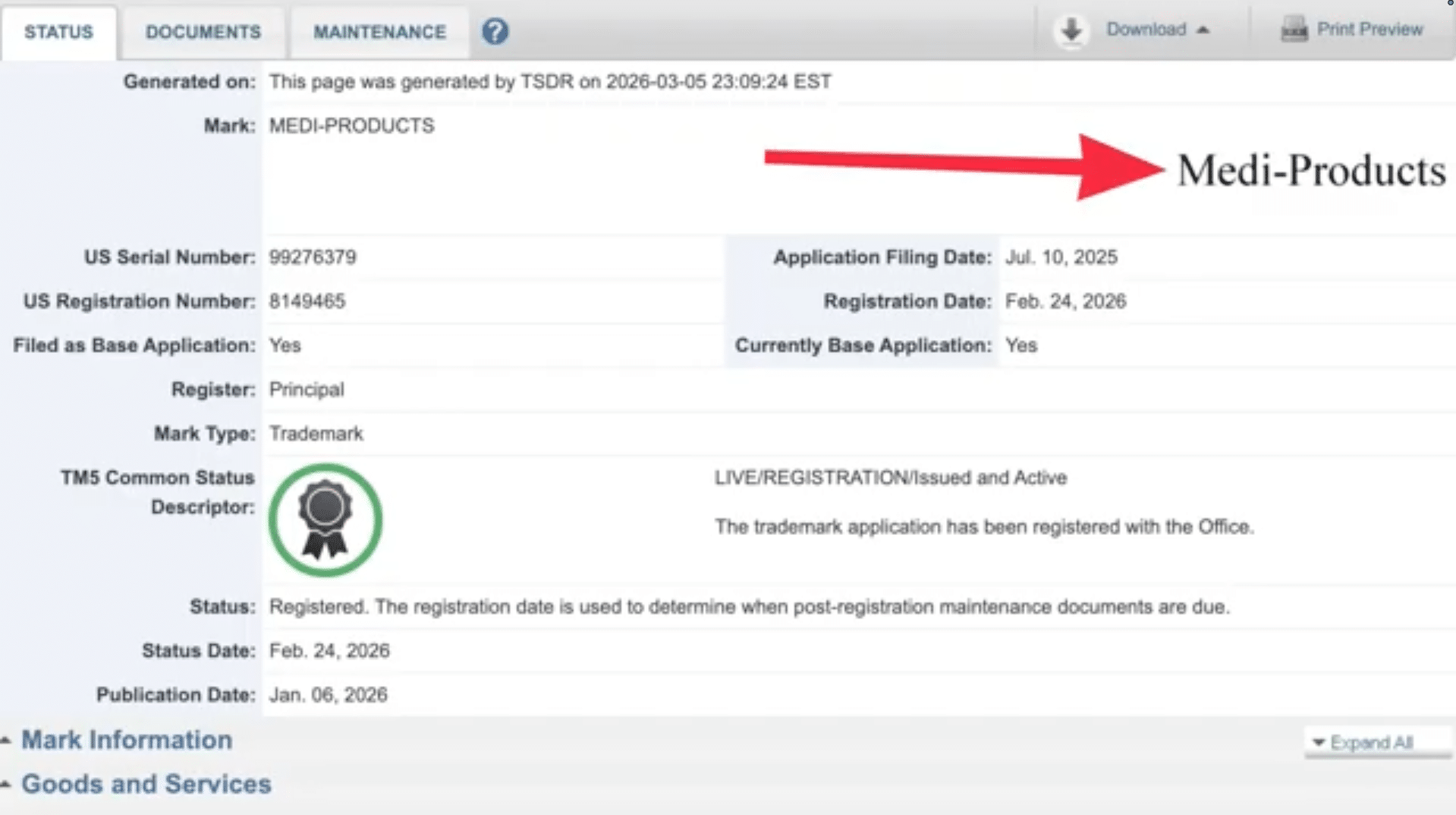 Example showing brand name matching trademark