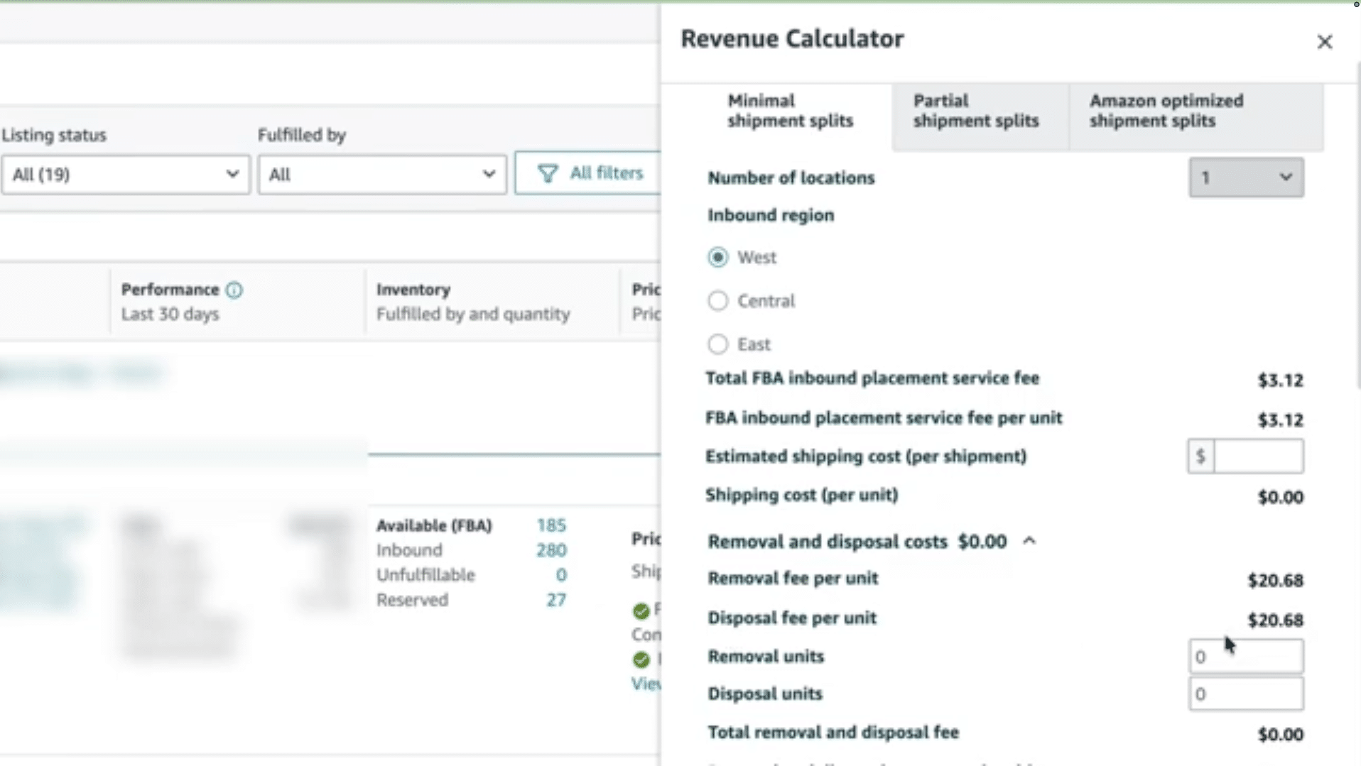 Amazon revenue calculator showing inbound placement and removal or disposal cost fields